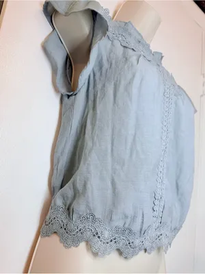 Mine Dusty Blue Lace Trim Blouse Short Sleeve Ruffle Neck Boho Women’s M thumbnail 5