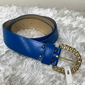 Royal Blue Leather Deadstock Wide Belt Gold "Chain" Buckle Sz XL thumbnail 2