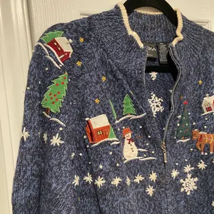 VTG Erika Size PXL Christmas Cardigan Sweater Zip Front Snowman Winter Cotton thumbnail 4