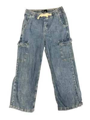 Gap Pull On Wide Leg Cargo Denim Jeans Cotton Tie Waist Medium Wash Blue Medium thumbnail 4