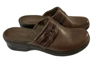 CLARKS Chocolate Dark Brown Leather Clog Mules Slides Shoes - Size 7 thumbnail 1