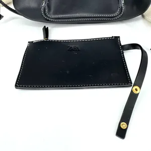 Zara Faux‎ Leather Pleated Crossbody Bag Black with Canvas Strap Black thumbnail 8