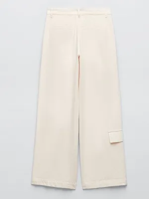 Zara Blogger Favorite Ecru Wide Leg Cargo Jeans Pants Size M thumbnail 3