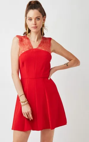 The Kooples Red Crepe Lace Bustier Fit & Flare Dress Womens Size M‎ thumbnail 1