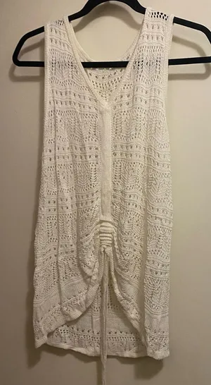 Womens M Medium 38” Tank Top White Crochet Knit V Neck Boho Beach Festival thumbnail 1
