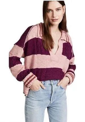 ✨Free People Pembrook Sz Medium Sweater in Moody Pink Combo Striped Cotton✨ thumbnail 1