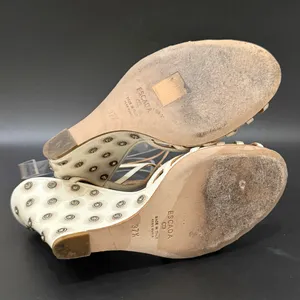 ESCADA Ivory White Leather Crystal Studded T-Strap Wedge Sandals Size 37 1/2 thumbnail 6