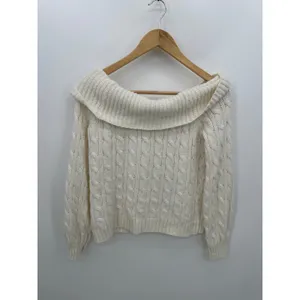 American Eagle Sweater Women Small Cream Fisherman‎ Off Shoulder Knit Boxy Crop thumbnail 2