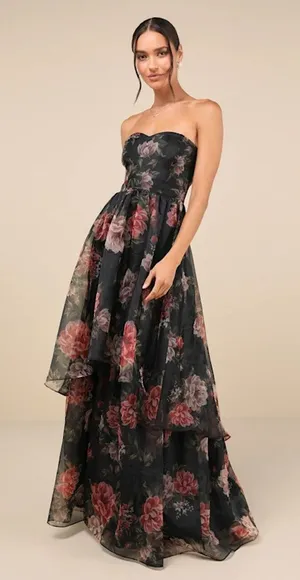 Lulus Truly Extraordinary Dress Women's Small Black Floral Organza Strapless NWT thumbnail 1