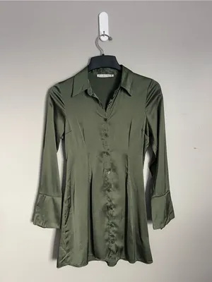 ABERCROMBIE & FITCH Olive Green Satin Button-Front Long Sleeve Mini Dress Sz XS thumbnail 2