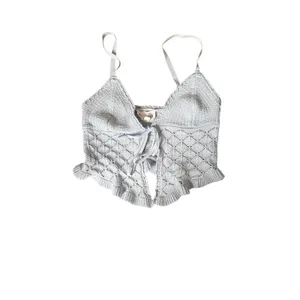 Olive+ Oak Light Blue Pointelle Knit 2 Piece Set Tie Front Crop‎ Top Midi Skirt thumbnail 3