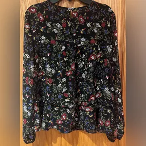 Madewell Sheer-Sleeve Ruffle Peplum Top Blouse in Black Finch Floral‎ Size Large thumbnail 12