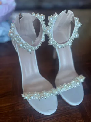 Amazon yowmns White Women's Heeled Sandals Pearl Decoration Open Toe Stiletto Heels Wedding Sexy Back Zipper Cover Pumps Evening Party Shoes Handmade Elegant High Heels Summer thumbnail 3