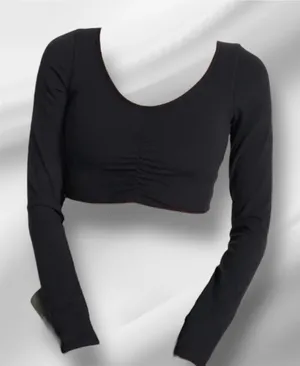 Vuori Long Sleeve Ruched Bra Black Crop Top Soft Stretch Workout Gym Top Small thumbnail 1