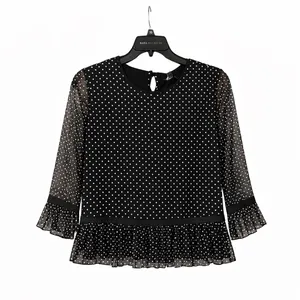 NWT DKNY XS Black Polka Dot Mesh Peplum Blouse Sheer 3/4 Ruffle‎ Sleeve Top thumbnail 3