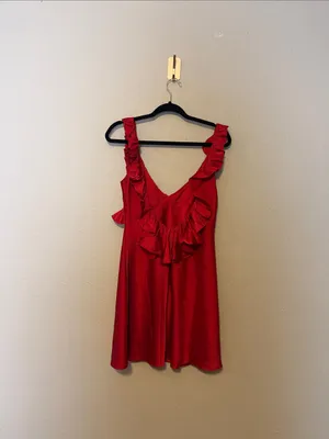 Selfie Leslie Alba Frill Trim Mini‎ Dress In Cherry Red Size Medium NWT thumbnail 7