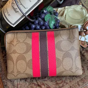 Authentic COACH Signature Coated canvas/stripes zip top card wristlet thumbnail 4