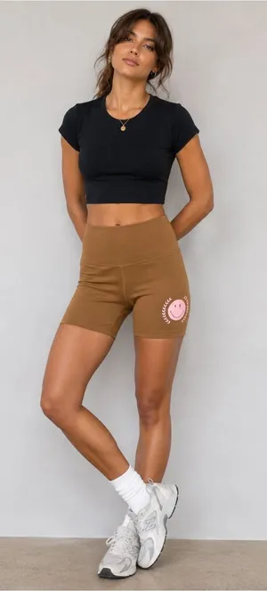 Offline by aerie Brown High-Waist Bike Shorts with Pink Smiley Detail thumbnail 1