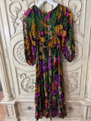 FARM Rio Star Fruit Floral Tiered Maxi Dress in Purple, Green & Yellow Sz Small thumbnail 12
