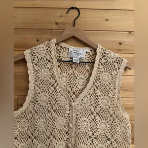 Vintage Chazzz Charles Ghailian Large Open Knit Crochet Button Front Vest Boho thumbnail 5