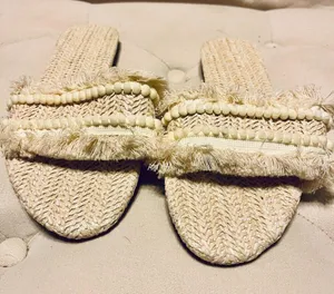 Fringe Straw Boho Sandals Open Toe Slides White Size 6 thumbnail 9