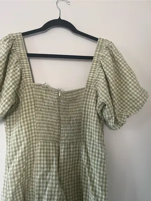 Sage Green White Gingham Puff Sleeve Mini Dress Large Cottagecore Western Farm thumbnail 7