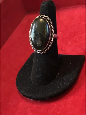 Vintage Southwestern Black Jade Silver Tone Oval Cabochon Twisted Rope Bezel thumbnail 7