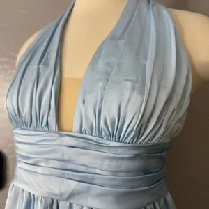 Azazie Oli Stretch Sky Blue Pleated Stretch Satin Jumpsuit thumbnail 5