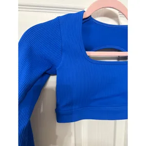 Royal Blue Cropped Long Sleeve Ribbed Workout Top, Small thumbnail 2