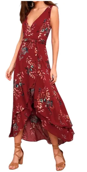 Lulus Amal Floral Wrap Maxi Dress M Burgundy V-Neck Hi-Low Summer Party Wedding thumbnail 1