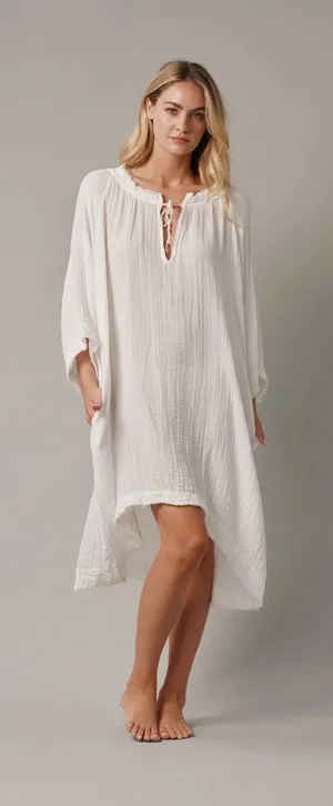 9seed Women Sz S Kaftan Dress White Gauze Cotton Boho Coverup Beach Coastal thumbnail 1