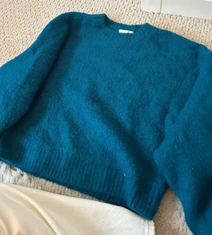 H&M Dark Green Blue Teal Fuzzy Cotton Crewneck Sweater thumbnail 1