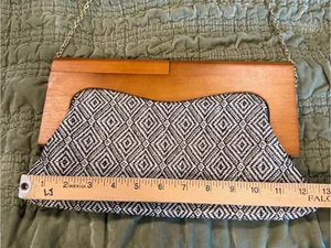 Urban Expression Wood Frame Clutch Black White Geometric Boho Retro Bag thumbnail 8