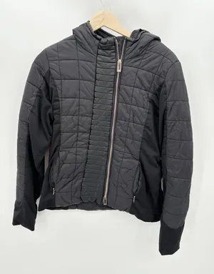 Marc New York Jacket Womens Medium Black Faux Leather‎ Quilted Hooded Zip B16 thumbnail 1