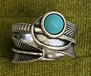 Turquoise Stone Silver Feather Wrap Ring thumbnail 1