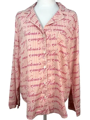 Victoria's Secret Spellout Button Up Striped Sleep‎ Shirt Women's Size M Pink thumbnail 1