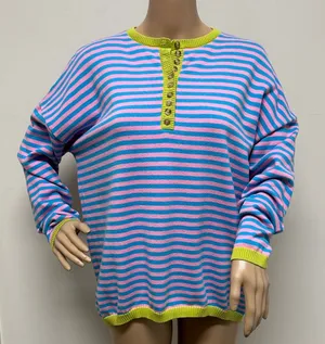 Lillusory Turquoise & Pink Henley Sweater with Green Accents size L thumbnail 1