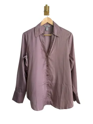 H&M Satin Button Down Blouse Womens M Dusty Rose Pink Long Sleeve Work Office thumbnail 2