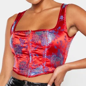 NWOT PrettyLittleThing Red and Blue‎ Satin Oriental Zip Front Corset Crop Top thumbnail 1
