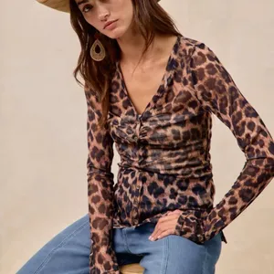 BiBi Leopard Printed Mesh‎ Shirt With Button Up V Neck Size XL thumbnail 1