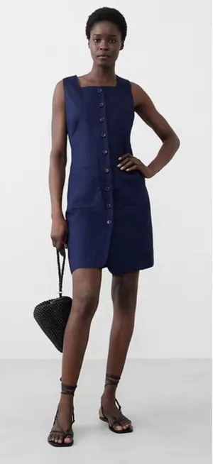 Women’s Banana Republic Linen Blend Button Dress Square Neck Large Navy Blue thumbnail 1