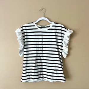 ZARA | Black White Striped Ruffle Sleeve Boxy Tee Sz M thumbnail 2