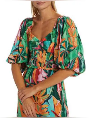 Farm Rio Puff-Sleeve Midi Dress Banana Leaf thumbnail 6