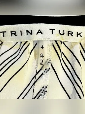 💥Trina Turk Silk Chevron Blouson Drawstring Waist Dress Black Ivory Sz 4💛 thumbnail 10