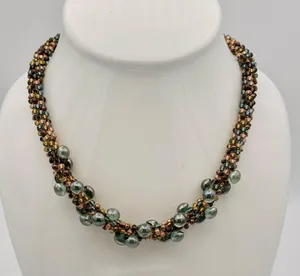 Artisan Beaded Necklace with Green and Brown Accents thumbnail 2
