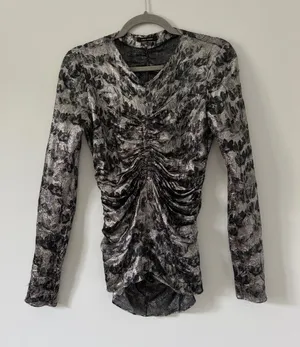 Isabel Marant Diego Floral Ruched Print Stretch Silk Blend Silver Black Top 36 thumbnail 1