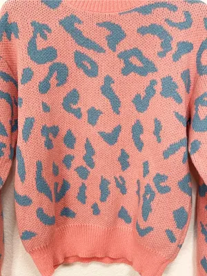 Coral Pink Blue Leopard Print Knit Crewneck Pullover Statement Sweater Size L thumbnail 3