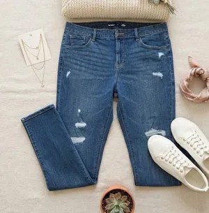 Old Navy Power Slim Straight Mid-Rise Distressed Jeans Blue Size 16 Long thumbnail 1