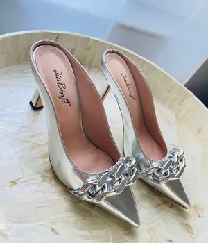 JiaBinji Heeled Mules Chain Embellished Pointed Toe Stiletto Mules for Women Slip on Backless Party Bridal Shoes Silver Size 5.5 thumbnail 2