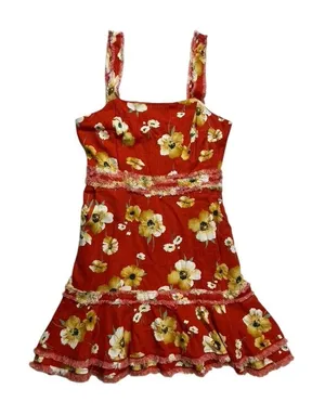 Fate Womens Red Floral Linen Blend Mini Dress Frayed Tiers Pockets‎ Small NWT thumbnail 1